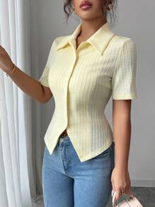 Elenzga Women's Solid Color Short Sleeve Single-Breasted Jacquard Knit Shirt-Style T-Shirt