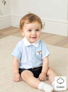 Infant/Toddler Boys Blue White Stripe Short Sleeve Button Down Shirt,Cute Summer Casual Clothes For Party,School,Vacation,Family Matching - Blue - View 1