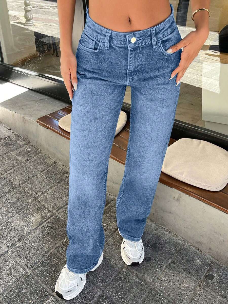 EURMUSE 96% CottonSTRAIGHT LEG MID WAIST JEANS - Light Wash - View 1