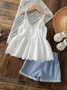 SHEIN Elladie kids 少女夏季白色吊带背心搭配纯色牛仔短裤套装，款式简约无图案，适合户外活动，居家舒适，轻松适应学校和与朋友聚会 - 彩色 - 查看 2