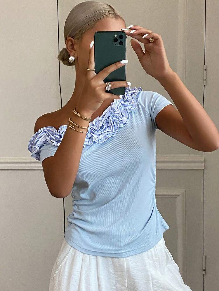 Women Casual Patchwork Striped Pleated Ruffle Trim Slim Fit Asymmetrical Neck Short Sleeve Tee Shirt For Summer Asymmetrical Shoulder Top Off The Shoulder