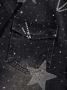 ROMWE MEN Street Life Men's Pentagram Rhinestone Embellished Star Denim Jacket, Fashion For Summer - Black - View 3