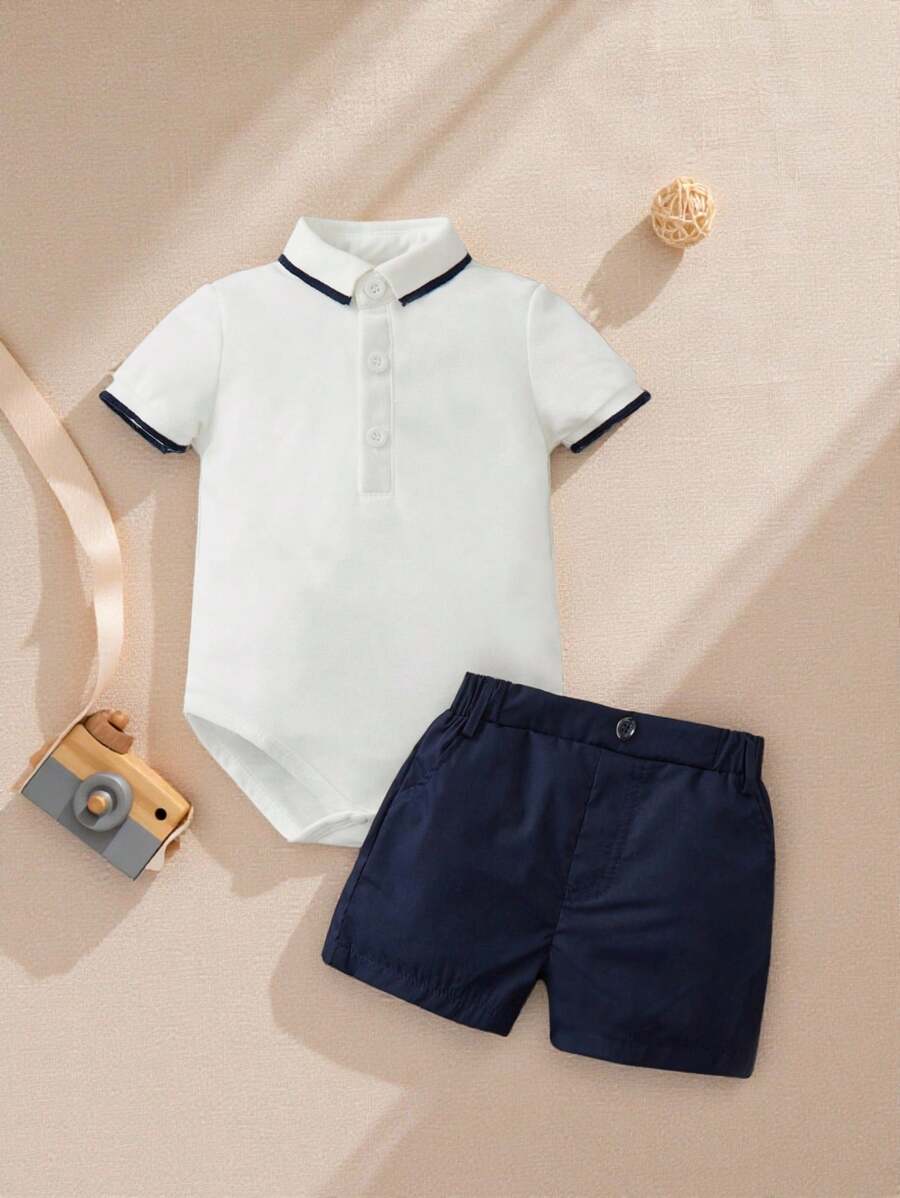 Souflis Souflis 男婴 Polo 领拼接短袖连体衣和短裤休闲套装 - 藍白色 - 查看 1