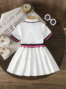 SHEIN Babygirl 可爱学院风夏季拼接短袖 Polo 衫和松紧腰百褶裙套装 - 白色 - 查看 2