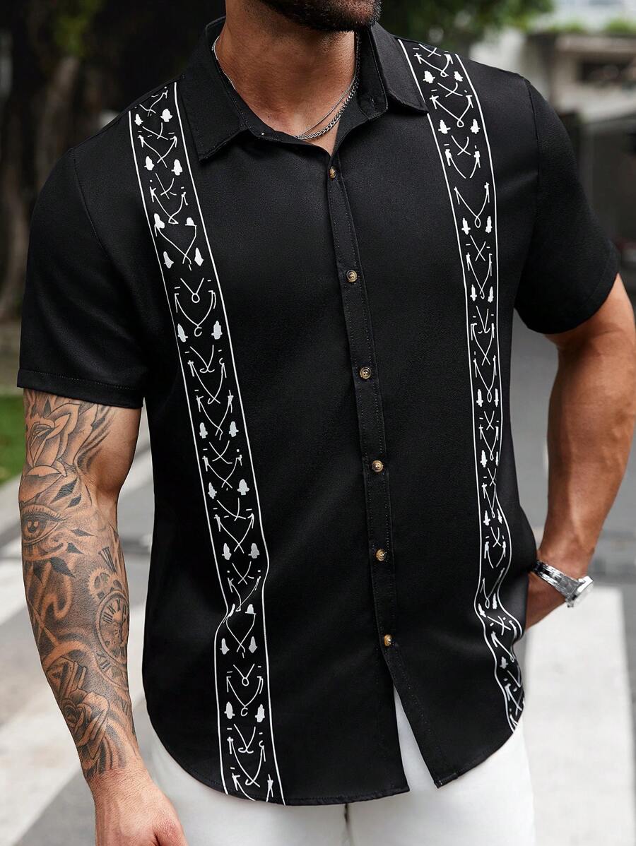 Manfinity Homme Men's Plus Size Summer Graphic Print Short Sleeve Single-Breasted Shirt - Black - View 1
