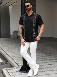 Manfinity Homme Men's Plus Size Summer Graphic Print Short Sleeve Single-Breasted Shirt - Black - View 4