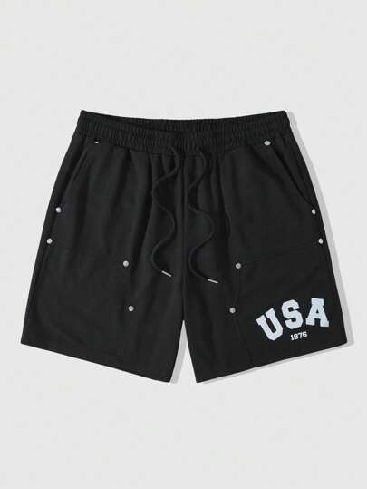 Street Life Herren Shorts mit Kordelzug Taille, Taschen, lässigem Buchstabendruck, Metallieten Nieten, weite Passform