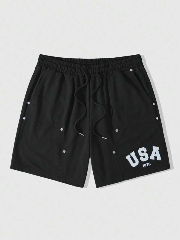 ROMWE MEN Street Life Men's Street Life Drawstring Waist Pockets Casual Letter Print Metal Rivet Loose Shorts