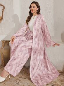 Al Najma Bộ đồ thường ngày 2 món cho nữ: Áo khoác/Áo khoác Cardigan dài tay in họa tiết nhuộm loang và quần - Bụi hồng - Xem 1