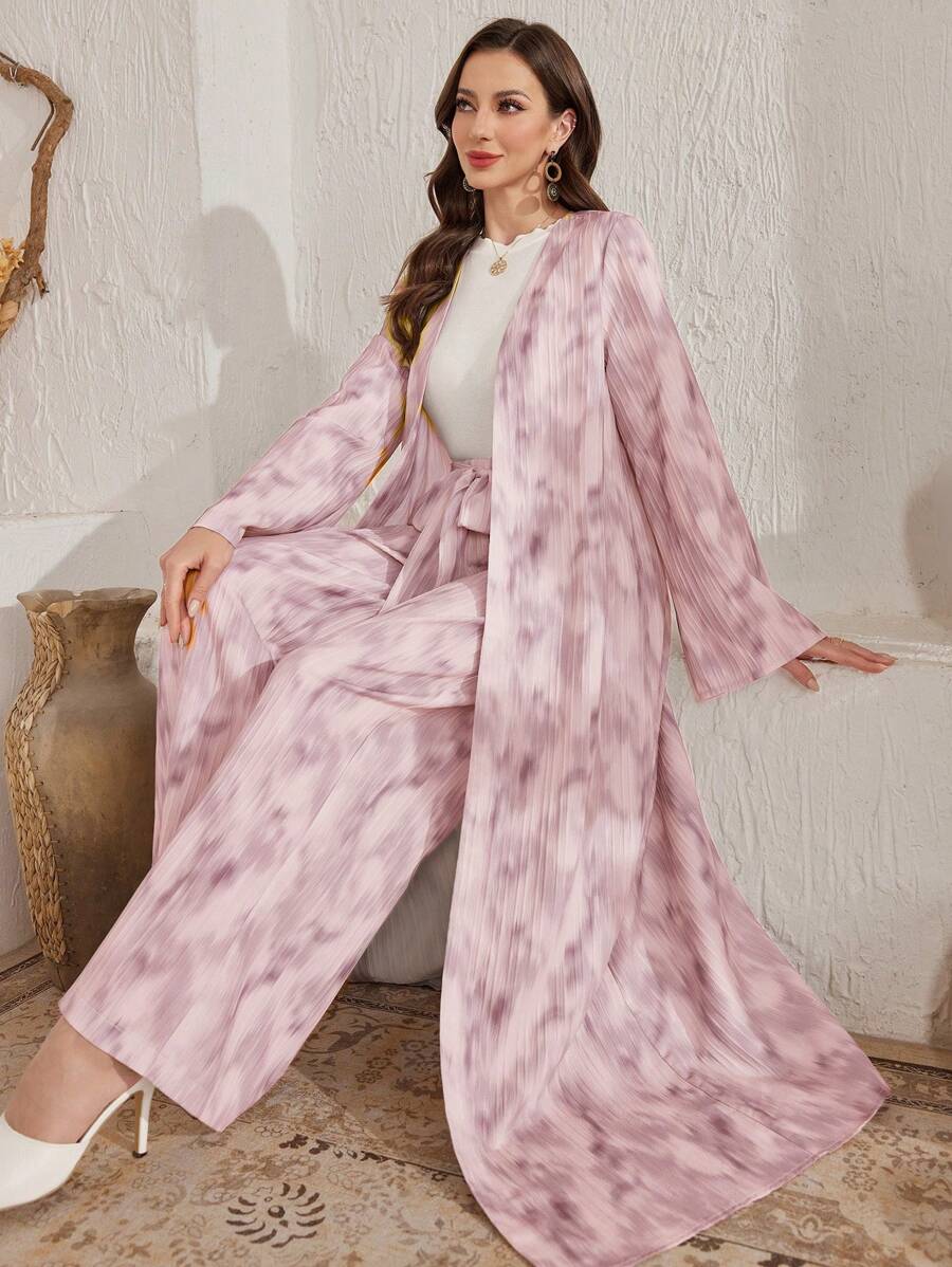 Al Najma Bộ đồ thường ngày 2 món cho nữ: Áo khoác/Áo khoác Cardigan dài tay in họa tiết nhuộm loang và quần - Bụi hồng - Xem 1