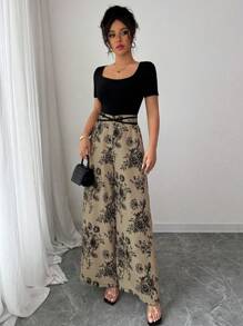 INAWLY 女士优雅方领短袖紧身上衣搭配拼色花卉阔腿裤，系带交叉连身裤，夏季度假 - 卡其色 - 查看 5