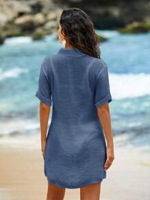 Swim Lushoire Đồ bơi nữ đi biển màu trơn cổ bẻ tay lửng bằng vải voan - Màu xanh lam - Xem 3