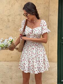 SHEIN Frenchy Damen Urlaubs Minikleid mit kleinteiligem Blumen Muster, Schleife vorne, Kurzarm, stylisch - Rot - Übersicht 4