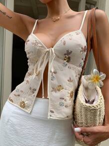 Serisse Áo ba lỗ thêu sequin mới cho nữ, trang phục lễ hội Rave, trang phục Ibiza, áo đính cườm, áo hai dây hở lưng bãi biển Boho, làm bằng vải đính cườm đặc biệt cho mùa hè - Màu be - Xem 3