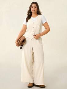 SHEIN LUNE Bộ đồ nữ áo không tay kẻ sọc và quần kẻ sọc lễ hội mùa hè Boho Old Money trang phục mùa hè cho phụ nữ trang phục nghỉ xuân rave lễ hội trang phục nghỉ xuân cotton - Màu be - Xem 6