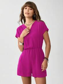 SHEIN LUNE 女士纯色休闲短袖连体裤 - 玫紅色 - 查看 2