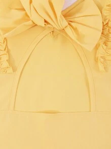 Older Girls' Summer Solid Color Casual V-Neck Ruffle Sleeve Back Hollow Design Detachable Bow Decor Blouse, Suitable For Daily Outings - Yellow - View 8