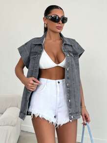 SHEIN Cottnline 100%Cotton Elastic Band Detailed, Rigid Vest - Light Grey - View 5