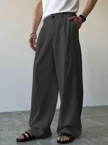 Claim Dot Men's Solid Color Pleated Loose Fit Casual Wide Leg Pants With Pockets, Fall - Dark Grey - View 5