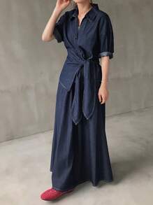 FRIFUL 女士休闲宽松抽绳衬衫和牛仔裙两件套 - 深色水洗藍 - 查看 4