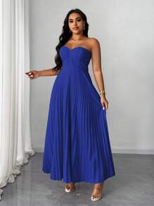 SHEIN Unity Plus Size Women Elegant Romantic Strapless Pleated Dress - Royal Blue - View 3