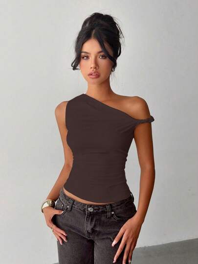 INAWLY Women's Casual Asymmetrical Neck Top, Solid Color For Summer