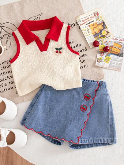 SHEIN Vintaside Kids Infant & Toddler Girls Summer New Apricot Textured Knit Fabric Collar Patchwork Heart 3D Decor Vest Top & Denim Skort Set, Retro Cherry Embroidery, Cute & Vintage Vintage Toddler Clothes Vintage Toddler Girl Clothes