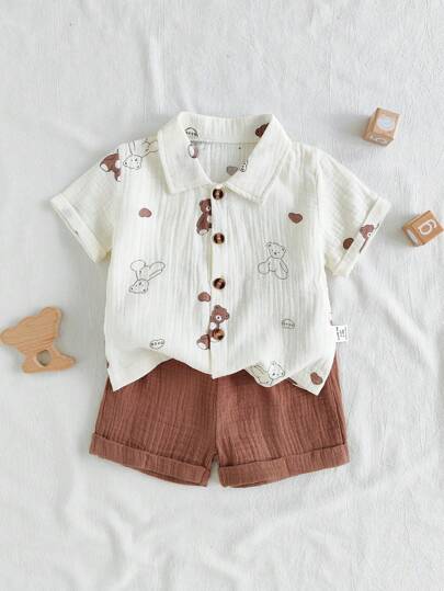 SHEIN Vintaside Kids Baby Boys 2-Piece Set For Summer, Includes Cute Cartoon Bear Print Collared Short Sleeve Cardigan Top And Matching Solid Color Shorts, Adorable And Fun Outfit For Casual Outings, Homewear, Sports Activities, And Parties