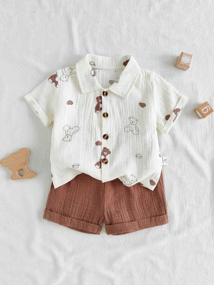 SHEIN Vintaside Kids Baby Boys 2-Piece Set For Summer, Includes Cute Cartoon Bear Print Collared Short Sleeve Cardigan Top And Matching Solid Color Shorts, Adorable And Fun Outfit For Casual Outings, Homewear, Sports Activities, And Parties - Multicolor - View 1
