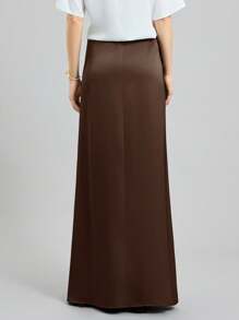 Ontre 2025新款设计，简约风格，都市通勤，都市风尚，卡其色女式半身裙，缎面材质，侧边隐形拉链，日常穿着，女士办公室商务休闲装 - 棕色 - 查看 5