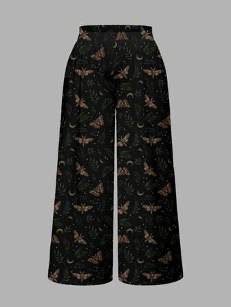 Plus Size Gothic Style Butterfly & Moth Star Print Loose Wide Leg Pants Suitable For Going Out