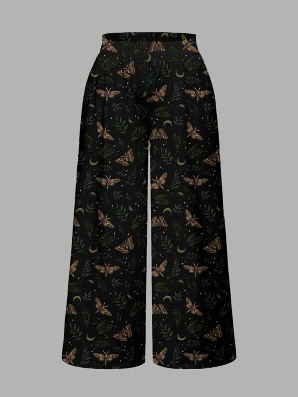 ROMWE Goth Pantalones holgados de pierna ancha con estampado de mariposa, polilla y estrellas, estilo gótico de talla grande