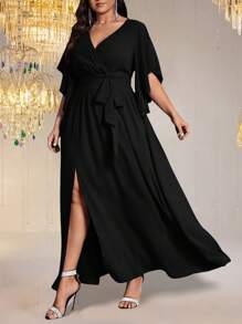 Auvina Plus Size Women's Solid Color Form-Fitting V-Neck Flared Short Sleeve Tie Waist Ruched Slit Elegant Party Maxi Dress - Black - View 4