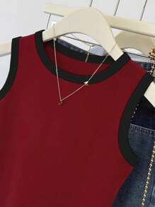 INAWLY Casual Red Color-Block Trim Women's Tank Top - Multicolor - View 4