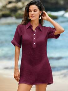 Swim Lushoire Beach Vacation Outfits Women Summer Polo Collar Half Sleeve Casual Holiday Beach Solid Woven Swimsuit Cover Up - Burgundy - View 4