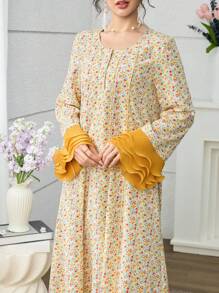 Yasmyna 女士优雅花卉印花泡泡袖褶皱拼接连衣裙，迷人阿拉伯风格，春夏 - 彩色 - 查看 5