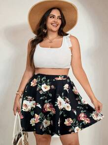 SHEIN Tall CURVE 大码女式夏季波西米亚风印花短裙，带口袋，适合度假和情人节穿着 - 黑色 - 查看 3