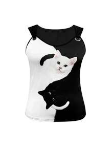 SHEIN 大码女式休闲拼色猫咪印花背心，夏季