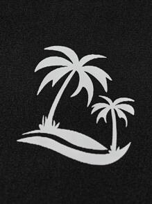 SHEIN Teen Boys Rashguard Swimsuit With Contrast Palm Tree Print, Long Sleeve, Casual Athletic, Soft Fabric, Versatile For Swimming, Outdoor, Travel, Beach, Suitable For Spring/Summer Rash Guard Boy Rash Guard Black Rash Guard Fall Winter - Black - View 5