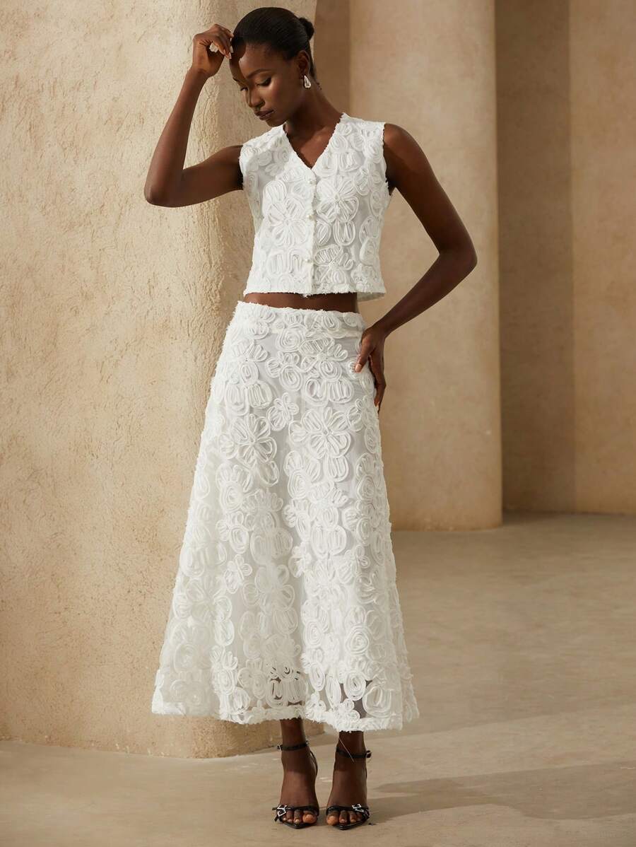 Aveloria Rosie 2-teiliges französisches elegantes 3D Blumen Design Trägerhemd und Mini Rock Set für Damen - Aprikosenfarben - Übersicht 1