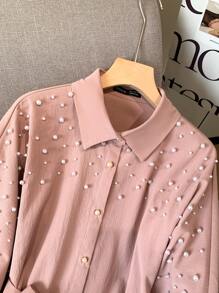 Modelyn Women's Faux Pearl Decor Long Sleeve Single-Breasted Arabian Style Blouse