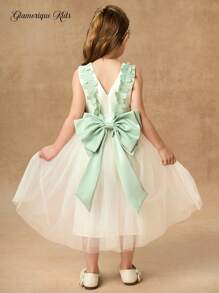 SHEIN Glamorique Kids 女孩公主裙、花童裙、生日派对裙、婚礼礼服、无袖、白色缎面薄纱泡泡裙、后背蝴蝶结、3D花朵、中东、欧式风格 - 白色 - 查看 6