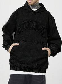 Manfinity EMRG Men's Black Washed Denim Hooded Jacket With Embroidered Design And Zipper Details