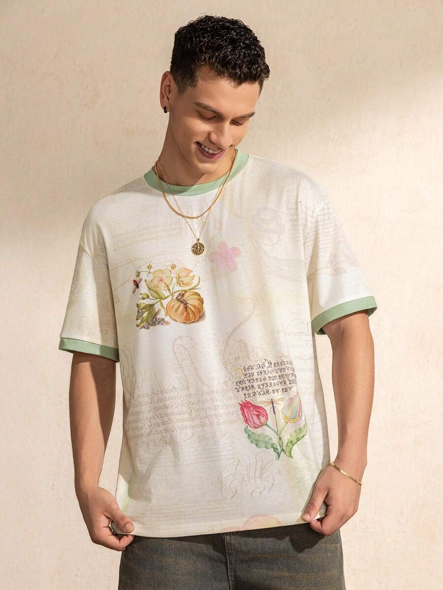 SHEIN Touch of Art 男式撞色花边字母图案圆领短袖 T 恤 - 杏色 - 查看 1