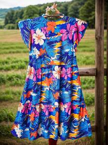 EMERY ROSE 大码女式花卉印花圆领荷叶边袖娃娃裙休闲度假连衣裙，夏季 - 彩色 - 查看 3