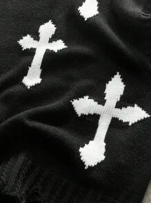 AXEPEAK Cross Print Round Neck Frayed Hem Men's Knit Sweater Vest, Streetwear-Inspired - Black - View 4