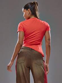 MUSERA Asymmetric Hem Fitted T-Shirt Spring, Summer, Streetwear, Y2k, Cool Girl, City Muse Back To School - Red - View 4