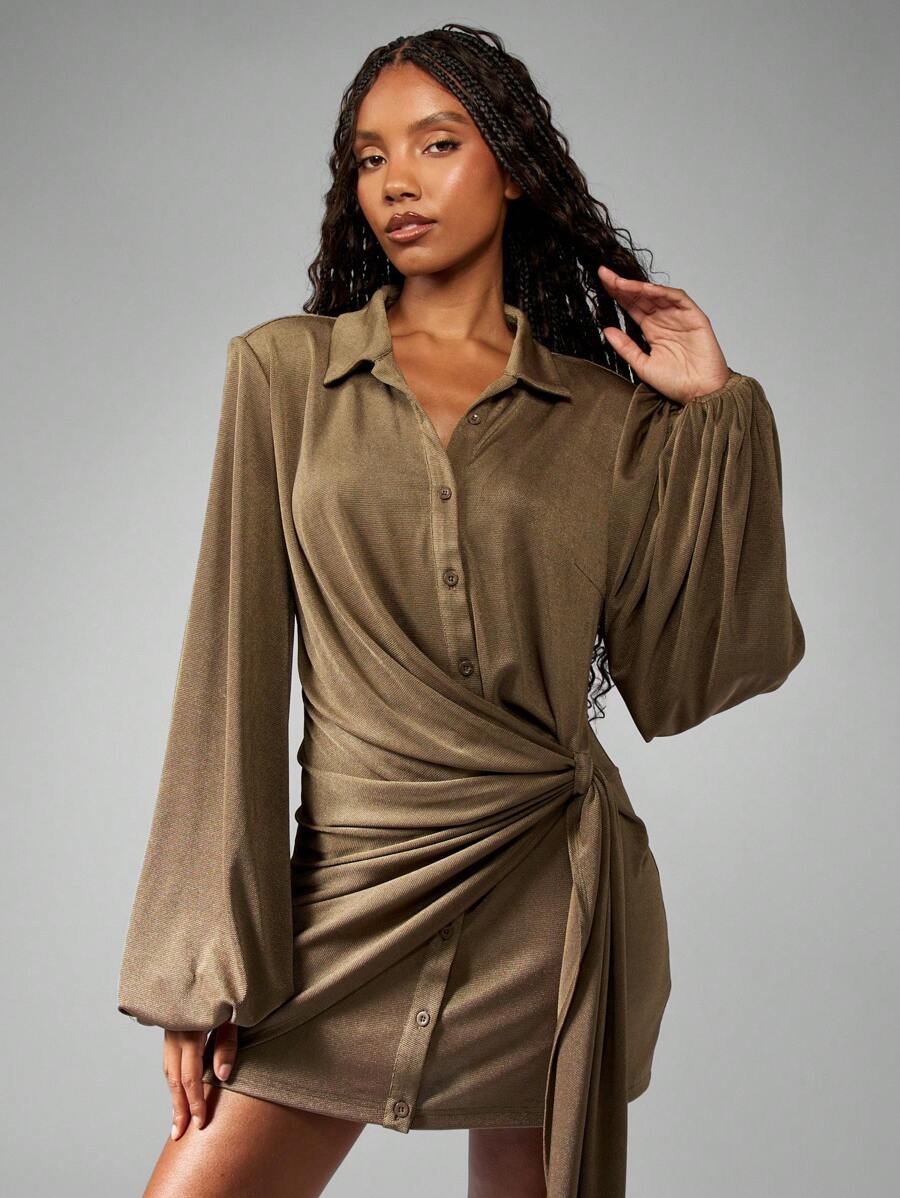 ruched dress button MISSGUIDED Ruched Side Wrap Button Down Mini Dress｜MISSGUIDED