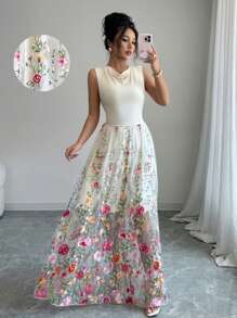 Elenzga Women's Elegant Knitted Elastic Fitted Sleeveless Draped Neck Waisted A-Line Embroidered Mesh Lace Patchwork Long Maxi Dress, Casual Fashion Summer - Multicolor - View 1