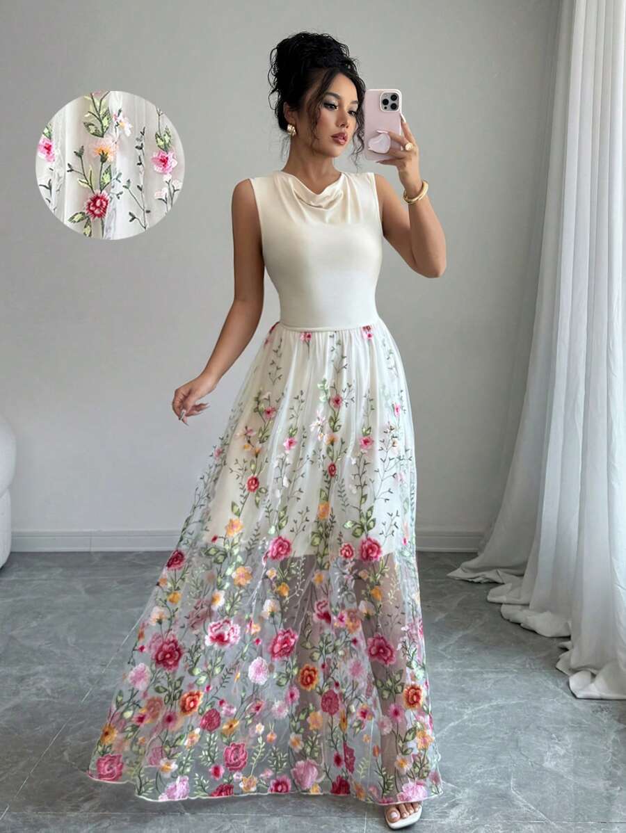 Elenzga Women's Elegant Knitted Elastic Fitted Sleeveless Draped Neck Waisted A-Line Embroidered Mesh Lace Patchwork Long Maxi Dress, Casual Fashion Summer - Multicolor - View 1